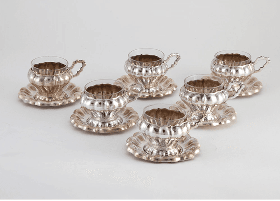 Austria-Hungary Demitasse Set .800 Silver with Glass Liners