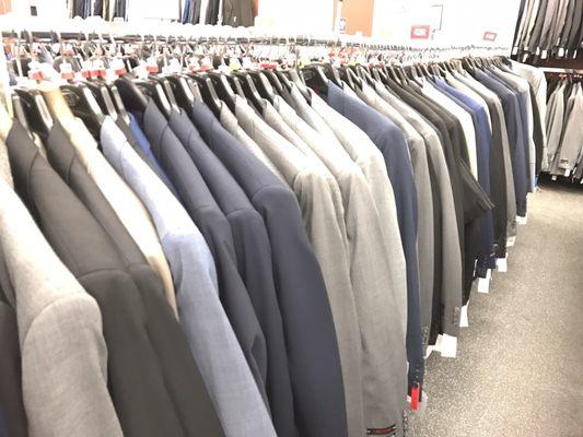 Suits in black, navy, and all shades of grey.