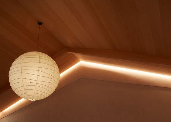 Interior wood ceiling with cove lighting