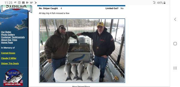 Had a day trip with Don Andreason today on Beaver Lake. Didn't limit out but caught four stripers Don is the hardest working guide I've met