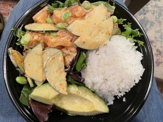 Small Build Your Own Poke Bowl with salmon, avocado, cucumber, edamame, spicy mayo (GF), and Tamari soy sauce (GF).