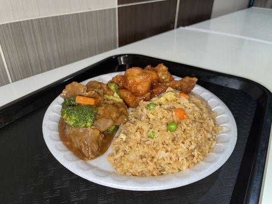 Fried rice, beef broccoli, orange chicken