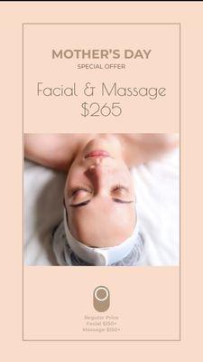 Mother's Day Special
Have a  full day of pampering. This Facial and massage combo is amazing.
It'll be like a mini getaway.