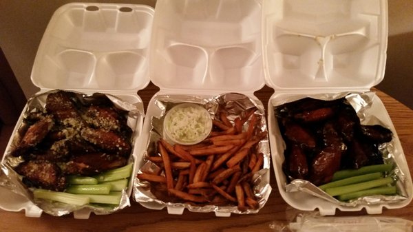 Parmesan garlic wings, fries, spicy plum wings