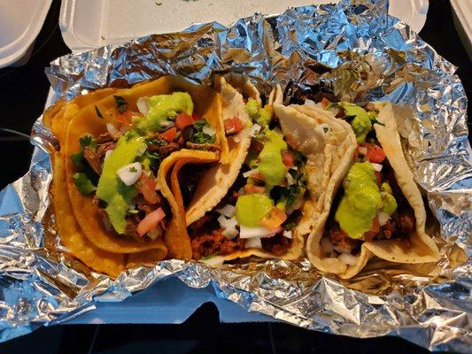 3 tacos (after I put the toppings and sauce on it): chorizo, carnitas, birria