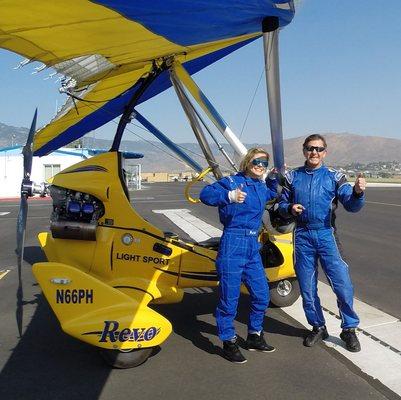 A very happy student pilot after her first flight in the Weight-Shift Control Trike LSA.