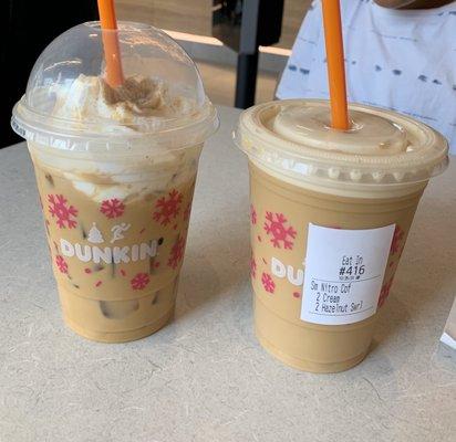 Holiday eggnog iced latte & nitro cold brew with hazelnut & cream