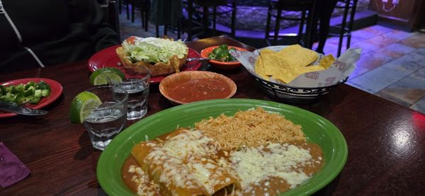 Chicken Enchiladas w/beans and rice