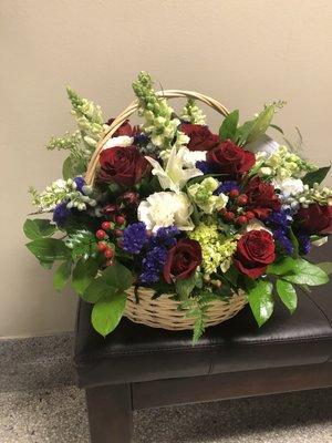 "Garden in a Basket"  Roses,solidago, Hydrangeas,carnations