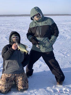 My husband ice fishing with his gear. Annoyed that the boots didn't fit at all. Highly recommend sizing up in everything including boots.