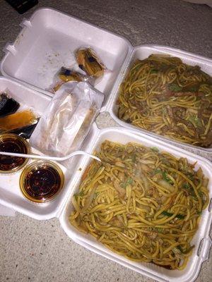 Beef and chicken lo mein, with two delicious spring rolls