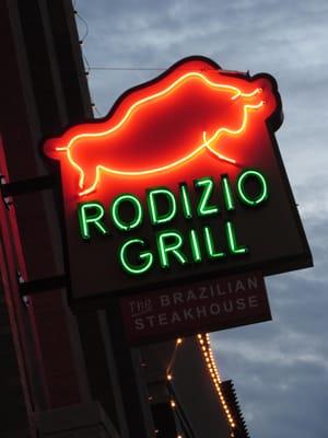 Rodizio Grill in Lincoln's Haymarket.  Open face neon channel letters and skeleton neon logo.