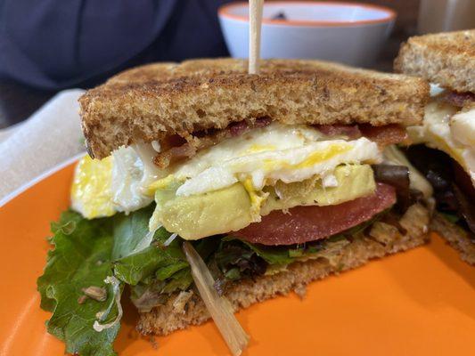 Bacon avocado breakfast sandwich on whole wheat bread. They also offer gluten free bread if you want it. Delicious!!