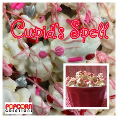 Cupid's Spell will surely have you smitten!  Delicious creamy white chocolate drizzled with pink chocolate and sprinkled w/ Valentine's fun!