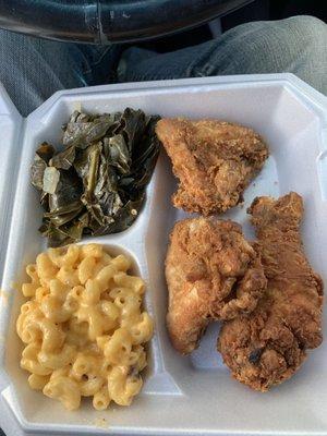 Fried chicken, Mac n cheese and greens.