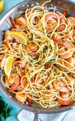 Some scampi over spaghetti