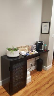 Beverage Bar, offering water, coffee, and tea.