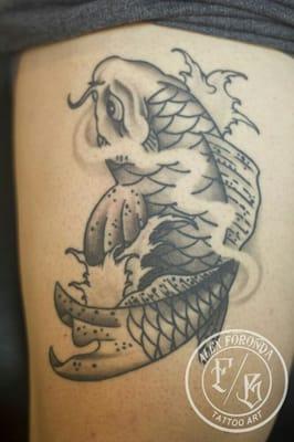 Healed picture of this koi fish done by Alex Foronda. Text 619 400-7041 to book appointments.