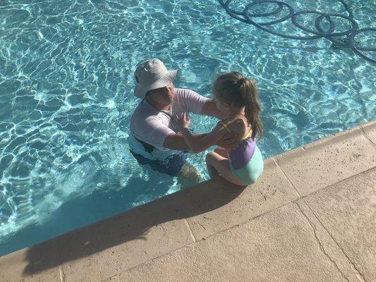 Getting in the pool. Jacob was great with my daughter.