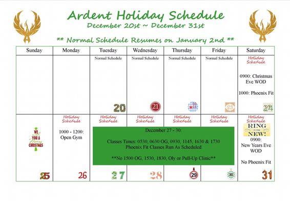 Updated schedule for the holiday season.