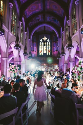 Sweet 16 Party for Jane+Theresa  Venue: A Vacated Gothic Church, Flowers: Joseph Richinelli, Dress Designs+Styling: Gerald C. Tolomeo