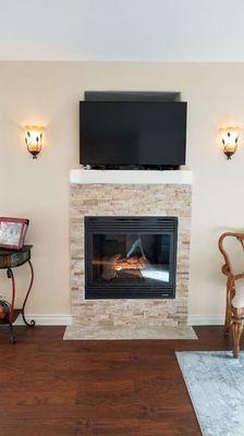 Centrally located gas fireplace on thermostat.