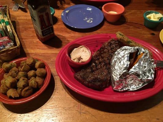 Ribeye with sweet baked potato and fried Okra