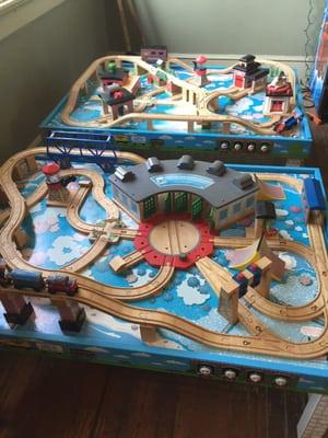 Two huge tables of Thomas tracks and trains for kids to play with while you wait or explore the station.