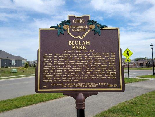 Historical marker for Beulah Park (side 2)