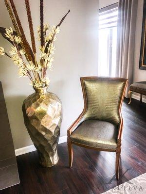 French 19th Century Louis XVl style side chair. Reupholstered in faux embossed leather from Kravet to keep a clean look.