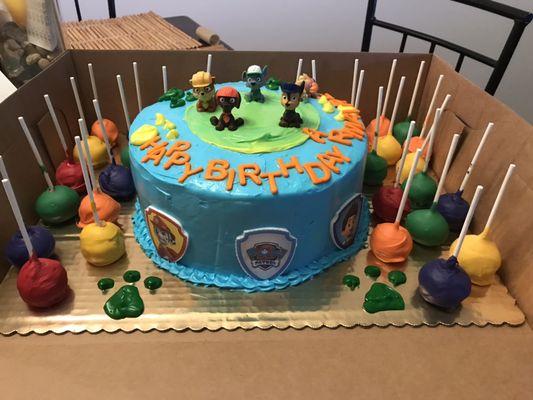 Paw patrol themed cake with matching cake pops