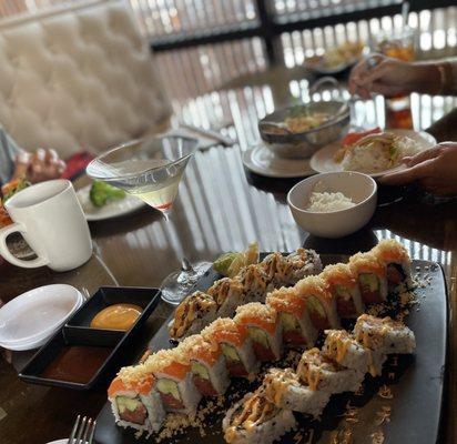 Crunchy Tuna Roll, Tokyo Roll with spicy mayo and kimchee sauce, Chicken Red Curry, Fried Calamari, and Blue Crab Rangoon.