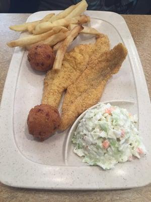 2 piece catfish dinner with fries, slaw and Hushpuppies