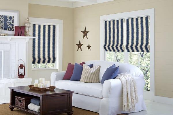 Red, white and blue - Soft Roman Shades in Aftershock Navy are a contemporary spin on a traditional stripe pattern.