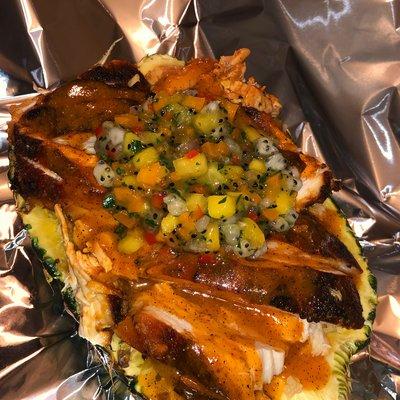 Jerk Chicken /Rice Stuffed Pineapple W/ Dragonfruit Salsa