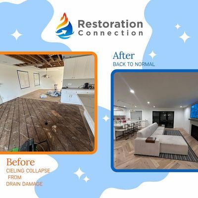 Before and After 
Ceiling Collapse due to Drain Damage