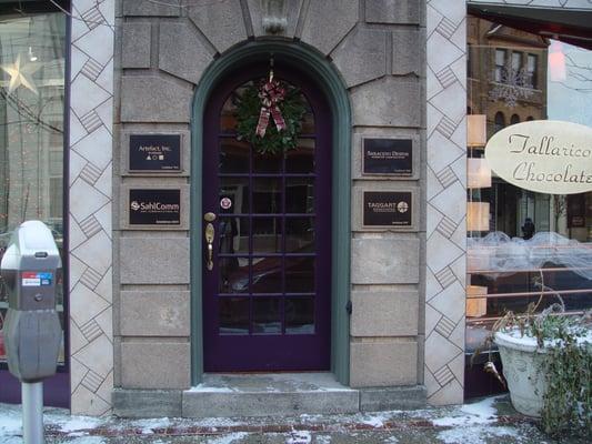 Our front door, decorated for Christmas.