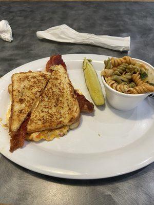 Pimento cheese on sourdough with bacon  Side of pasta salad