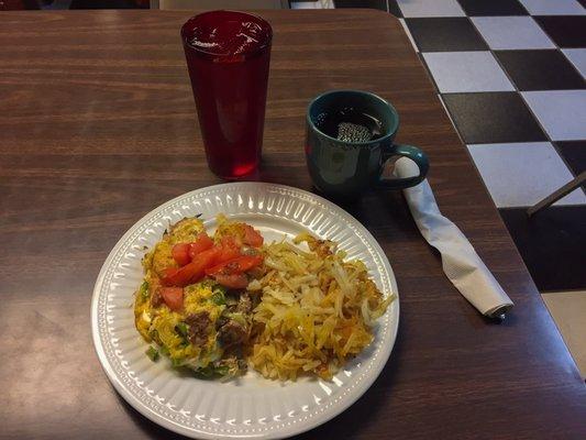 Everything omelet, hash browns and coffee. Yummy!!