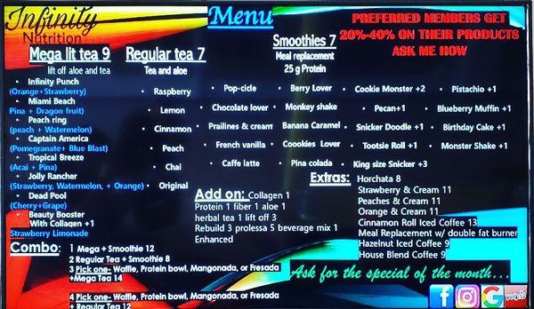 Our menu we have a variety of supplements and different presentacion