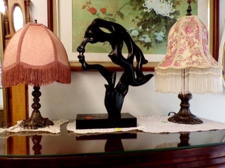 Victorian lamps with hand-sewn silk shades! Nice modern sculpture in the center.