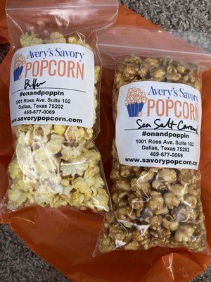 Mini Size Popcorn  Flavors are Butter and Sea Salt Caramel