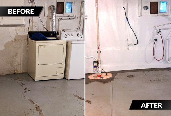 Before and after photos of a basement waterproofing in Portland, Oregon.