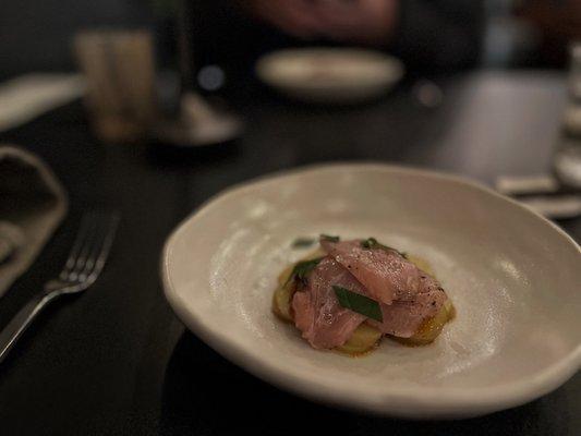 Albacore Puttanesca, Potatoes, Shiso