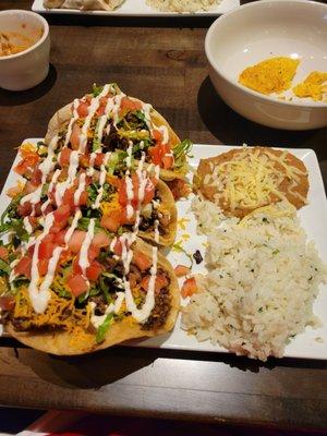 Barbacoa tacos with rice and beans