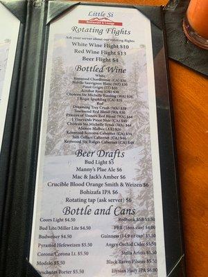 Beer and wine menu