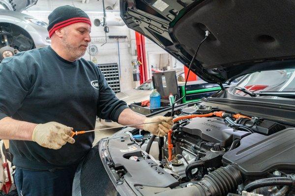 Oil change in the back shop.