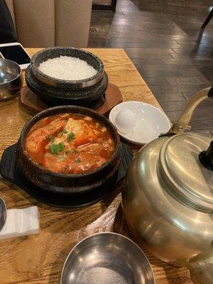 Individually cooked rice, I come here just for this! Seafood hot pot