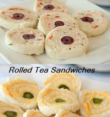 Rolled tea sandwiches mase with sundried tomatoes cream cheese or cheddar cheese cream centered with a green and or black olives.