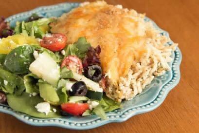 Cheesy chicken spaghetti with greek salad-you can take one home and dinner is done!